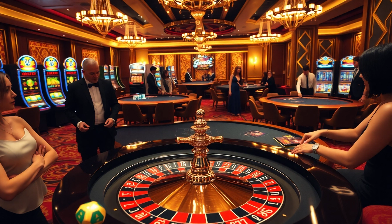 Experience the thrill of betting at https://kong88.win with a luxury casino scene featuring roulette and slot machines.