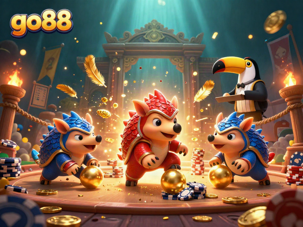 Experience the excitement of go88 with vibrant pangolins competing amidst poker chips and golden coins.