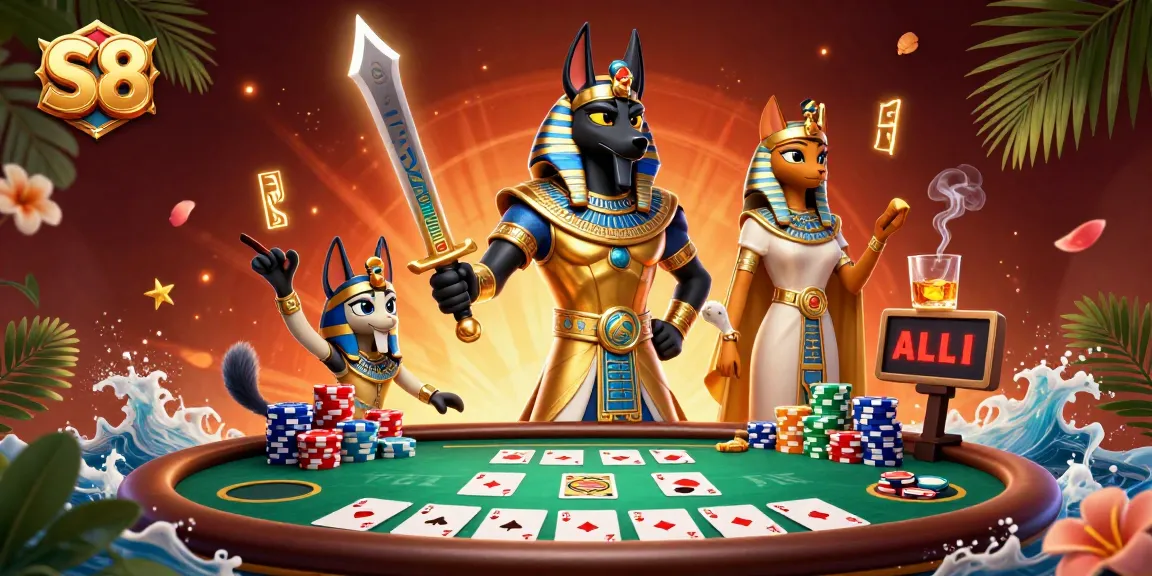 Play thrilling poker at S8 with Anubis and Bastet surrounded by poker elements and vibrant casino visuals.