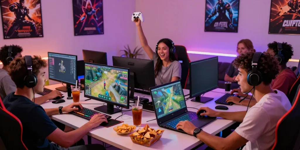 Excited gamers engaging in multiplayer gaming experience with 78win in cozy setting.