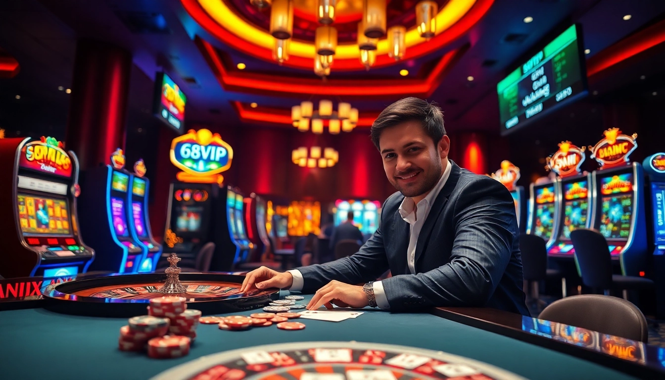 68VIP player engaging intensely at a glamorous casino table with colorful chips and cards.