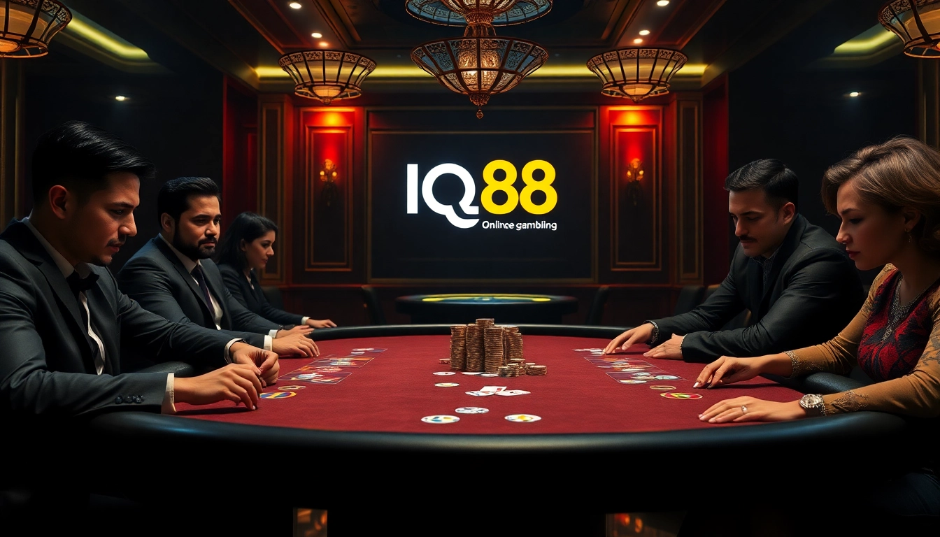 Engage with iq88 dev at an upscale poker table filled with players immersed in a high-stakes game.
