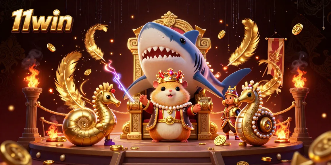 Join the excitement of 11win with a golden hamster king in a thrilling casino-themed battle.