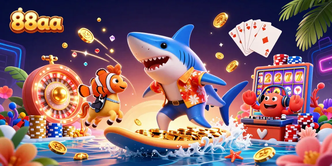 Experience the excitement of 88aa with a shark, clownfish, and crab in a vibrant casino scene.