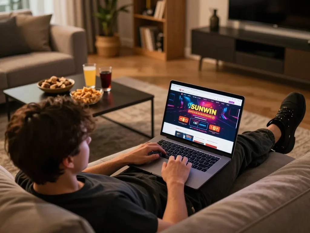 Engaging with Sunwin online gaming experience, player focused on laptop with casino interface