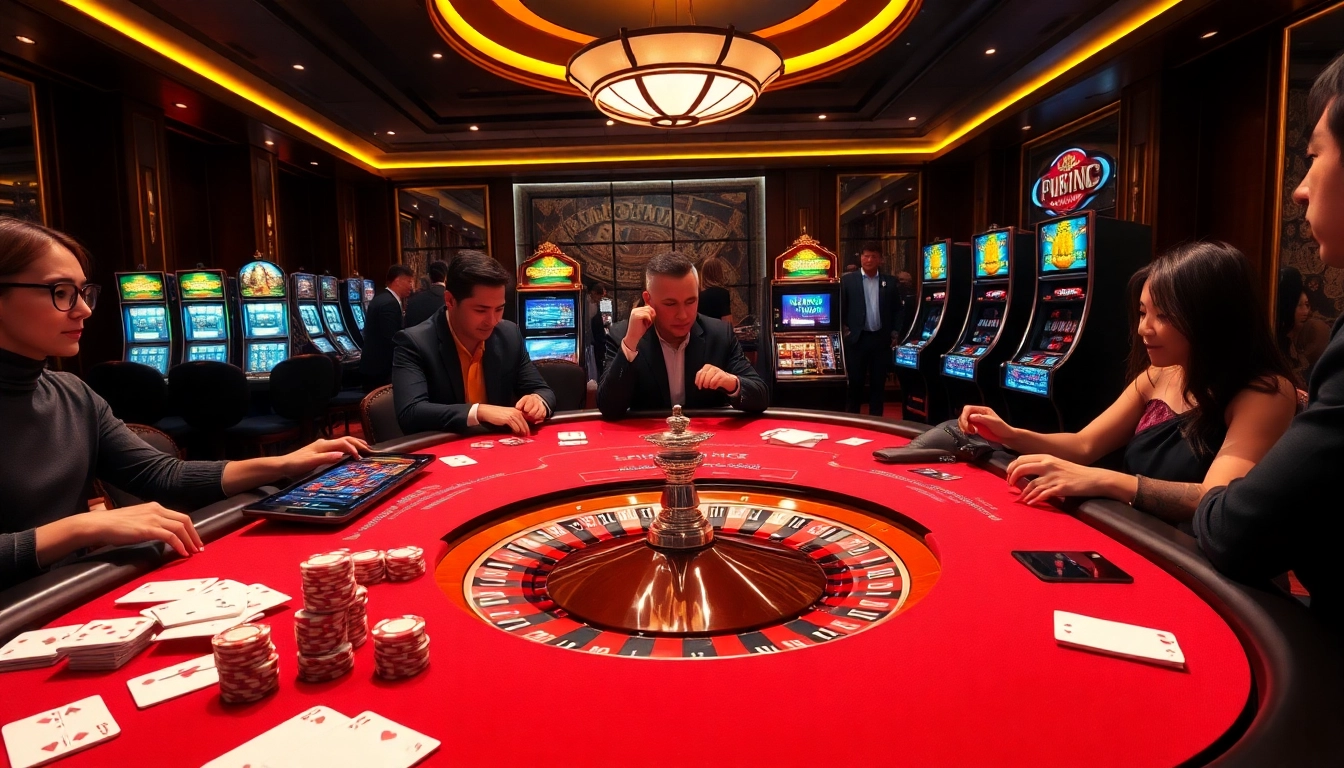 Excited players enjoying gaming at Nhà cái S8 with vibrant casino elements and luxury atmosphere.