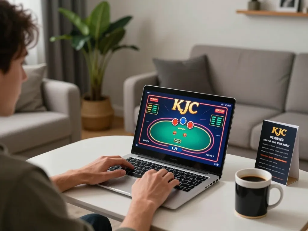 Player engaging with KJC online casino games on a vibrant laptop, showcasing strategic gameplay.