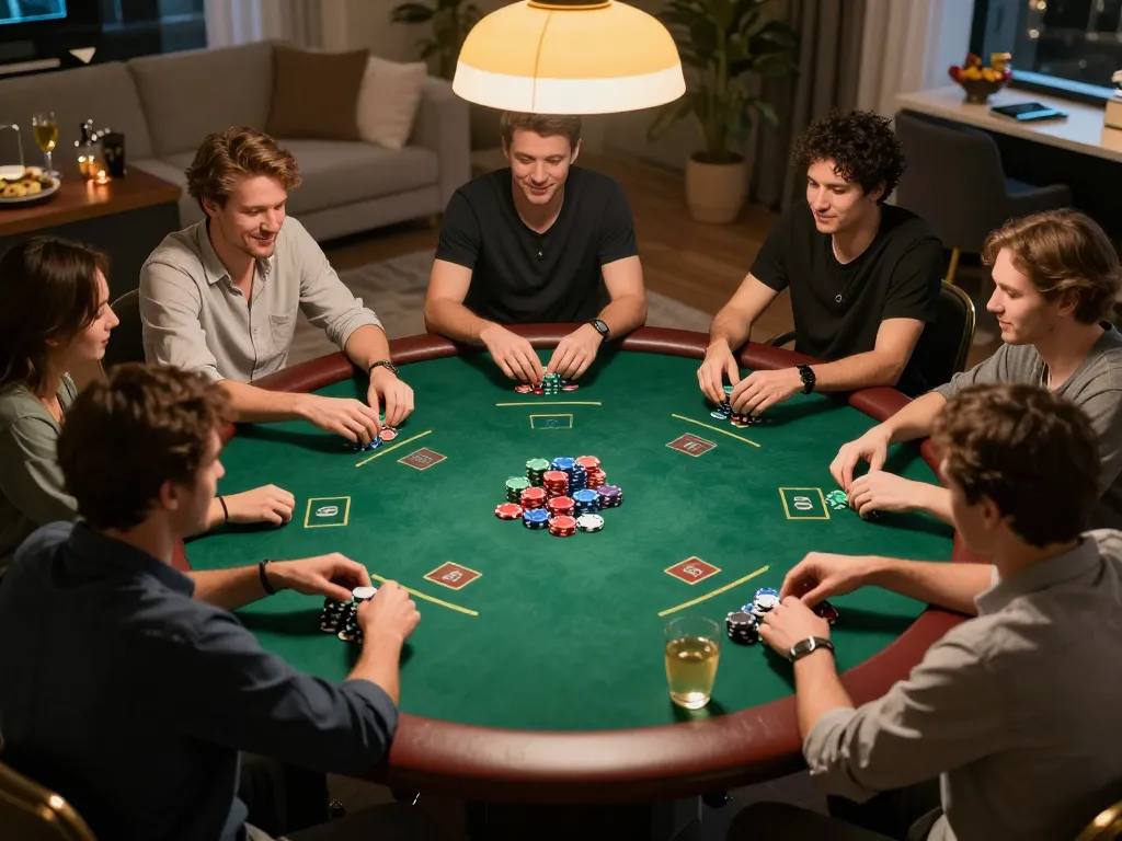 Engaged players at home poker game, featuring 23win168's strategic gaming environment.