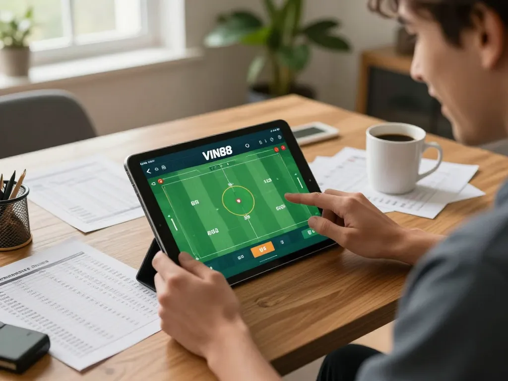 Excited bettor using the VIN88 app for sports betting in a modern home setup.