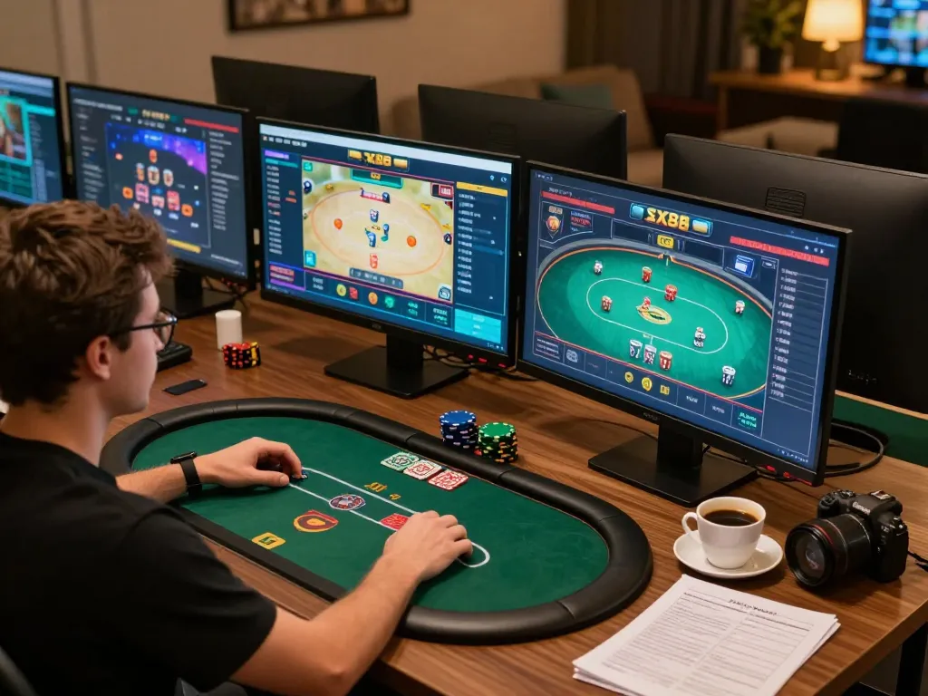 SX88 user engaged in online poker gameplay at home gaming setup.