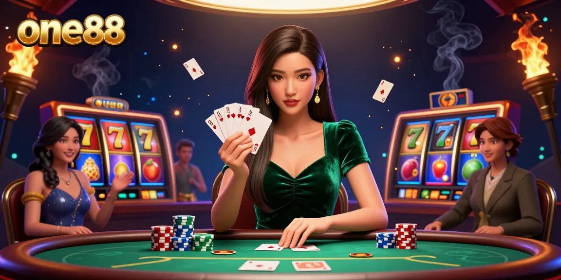 Engage in thrilling gaming action with one88 at a luxury poker table surrounded by vibrant slot game elements.