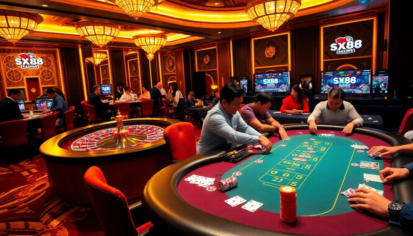 SX88 gamblers passionately engaging in poker, showcasing the excitement of casino gameplay.