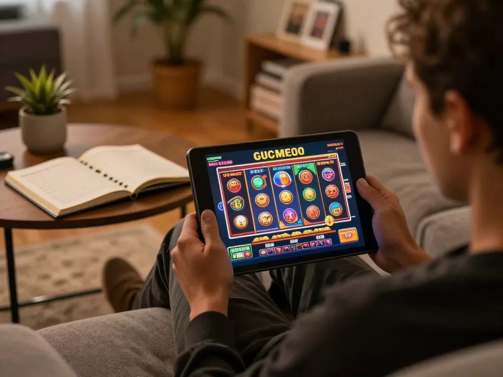 Engaging online gambling at nhà cái TG88 with a vibrant slot game on a tablet.