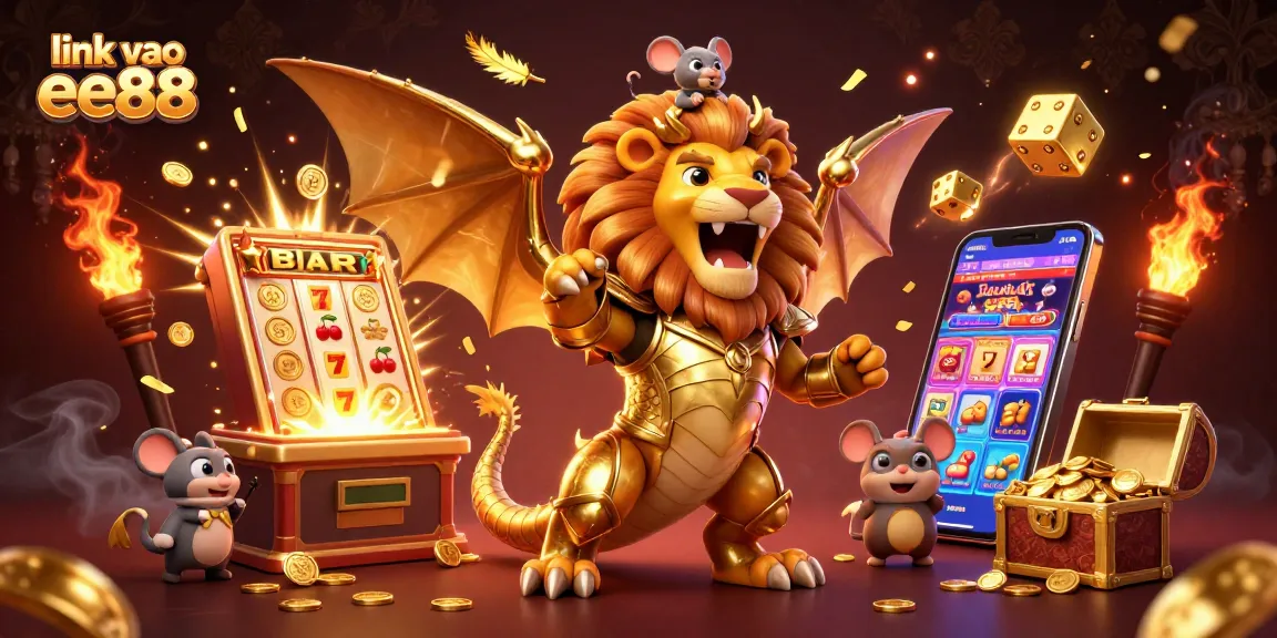 Engage with vibrant gaming action in this "link vao ee88" illustration featuring roaring chimera and dynamic casino elements.