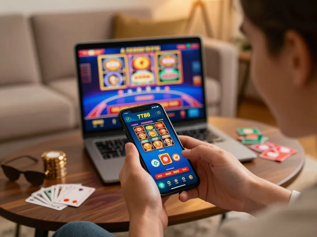 Enjoying TT88 app gameplay on smartphone in a cozy setting with casino game interface visible