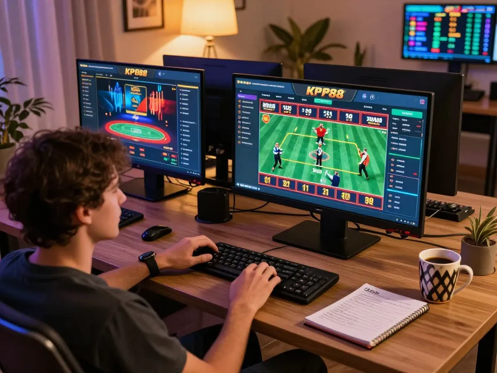 Engaging player betting on KP88 online casino with multiple screens showing live games and sports odds.