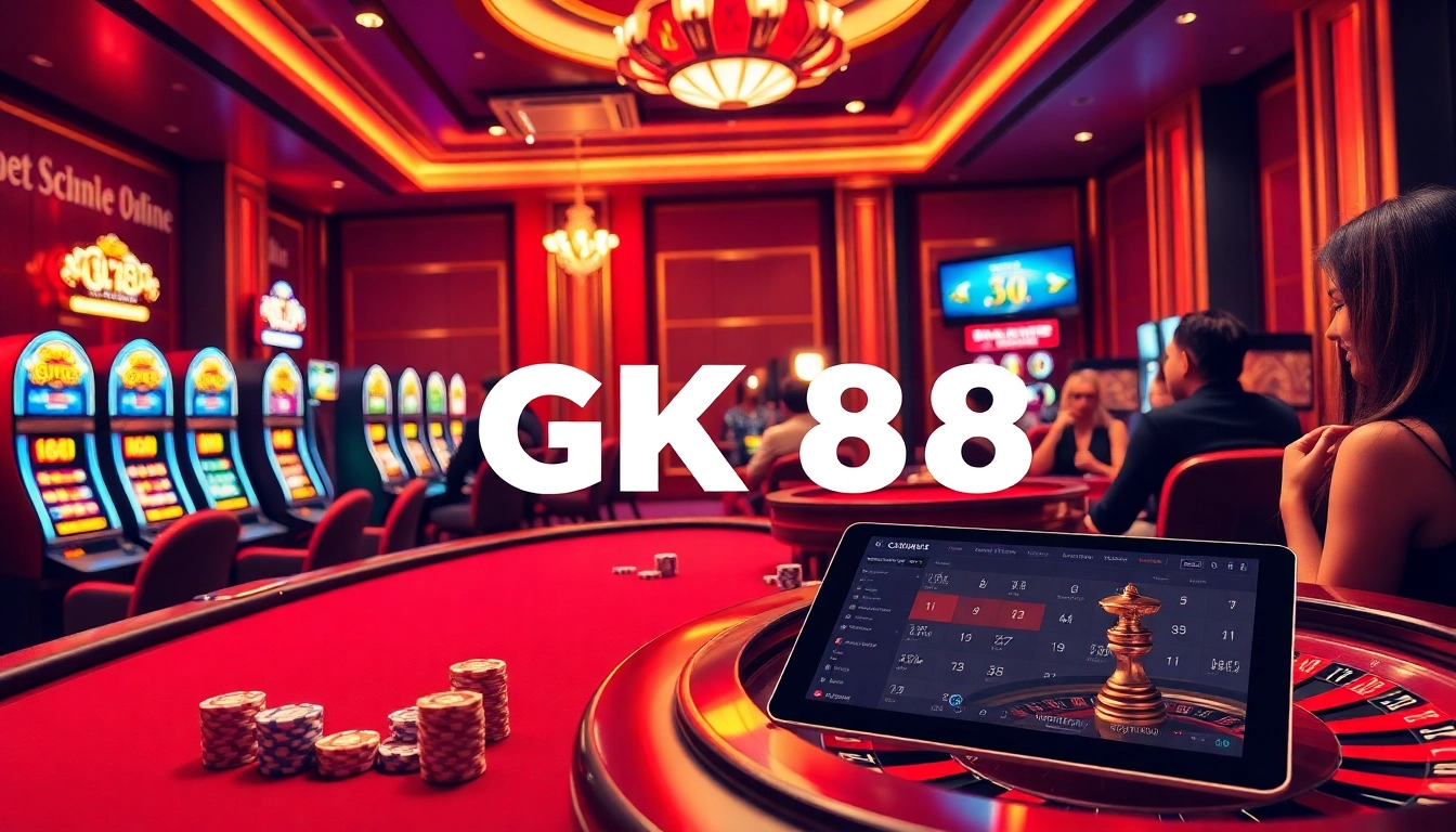 High-stakes gaming scene at GK 88 online casino featuring roulette and poker tables.
