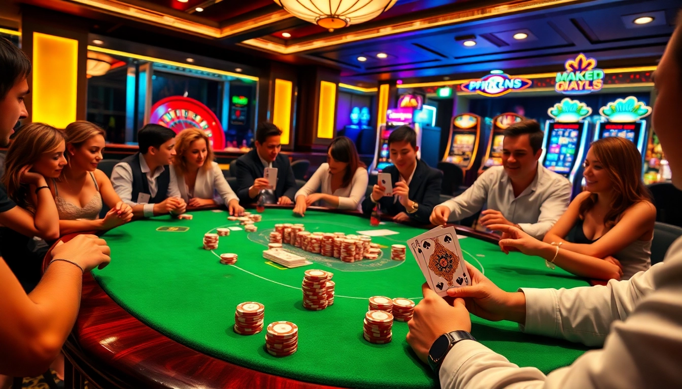 Players at a vibrant poker table illustrate the excitement of gambling like on https://max88.bz/.