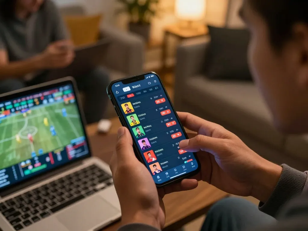 Engaging in sports betting on 78win app while analyzing game odds with friends