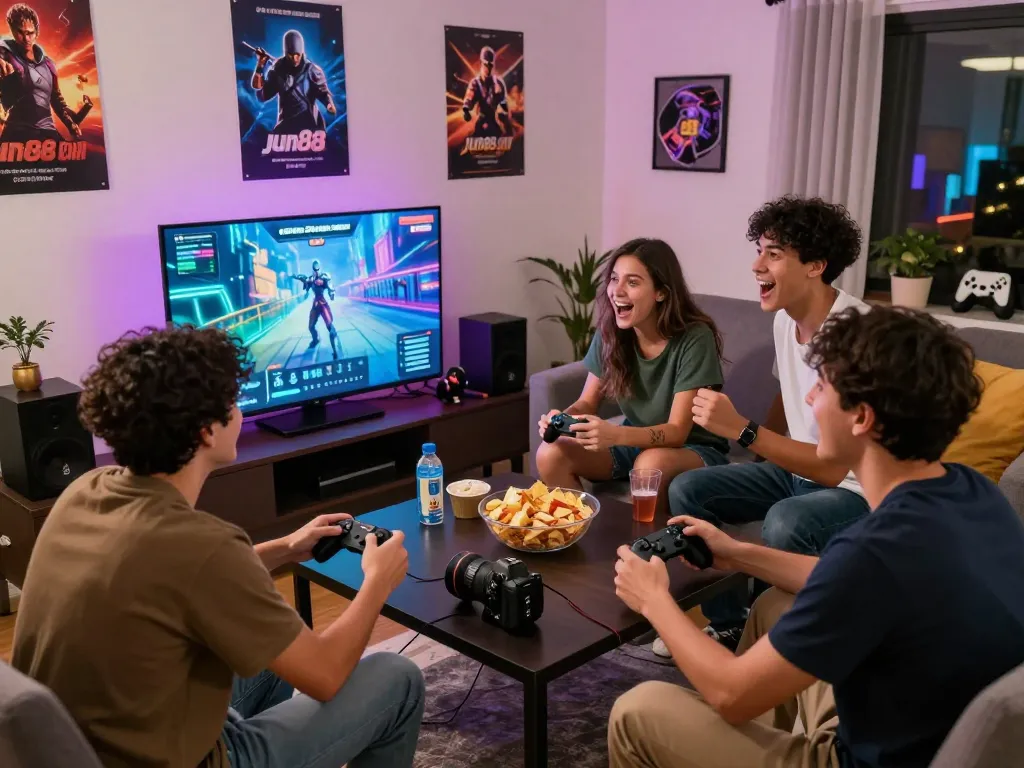 Group of friends enjoying an online gaming session on jun88.com, showcasing excitement and social interaction in a lively living room setting.