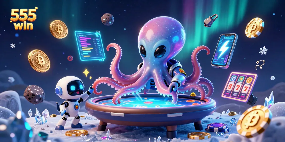 Spin reels and win big with 555 win, illustrated by a 3D alien octopus and floating chips!
