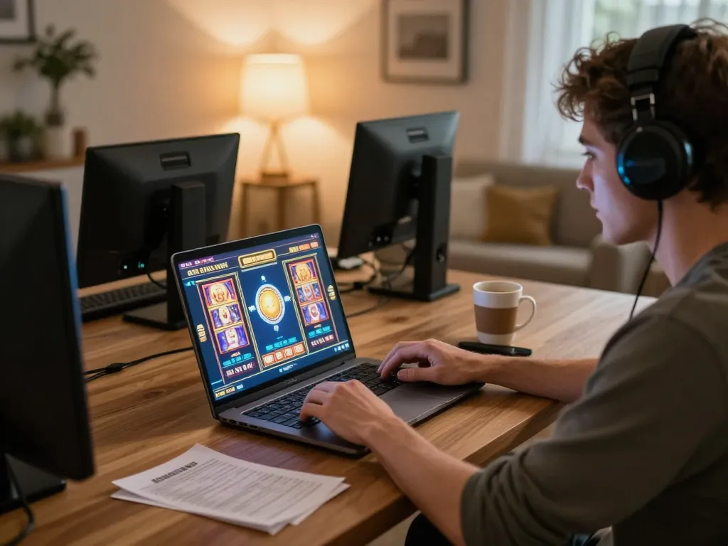 Player engaging in online slots at home on TG88 platform, showcasing cozy gaming environment