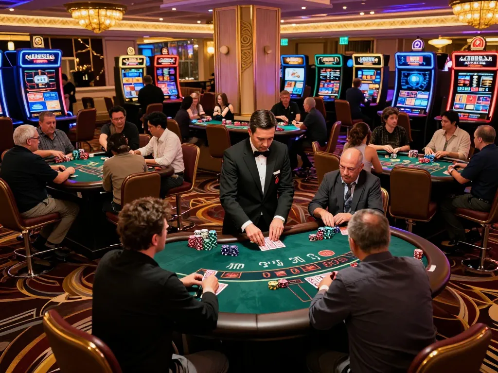 Players at upscale Vegas casino blackjack tables enjoying strategic gameplay and social interaction in a vibrant environment featuring da88.