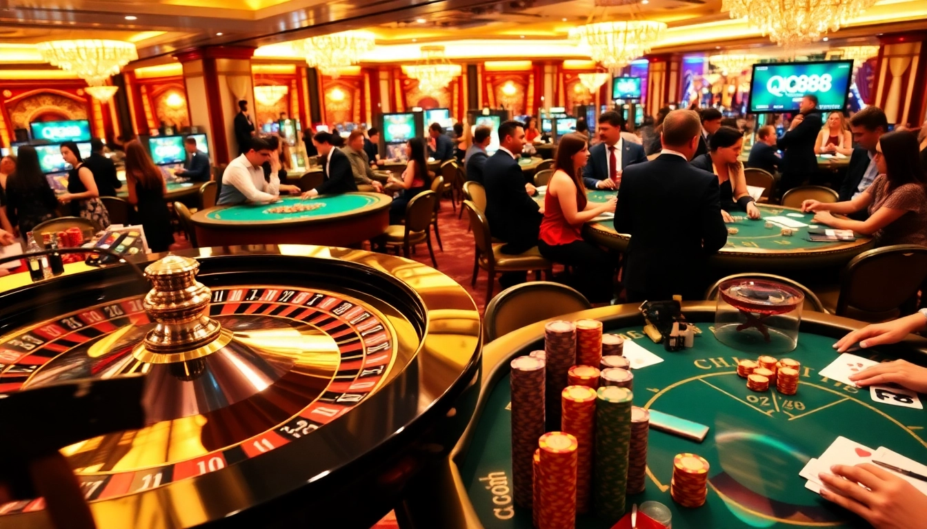Excited gamblers enjoying luxury casino gaming at IQ88, featuring roulette and poker tables.
