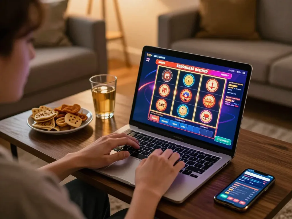 Engaging online gambling experience at https://rr88co.net/ with lush slot machine gameplay on a cozy home setup.