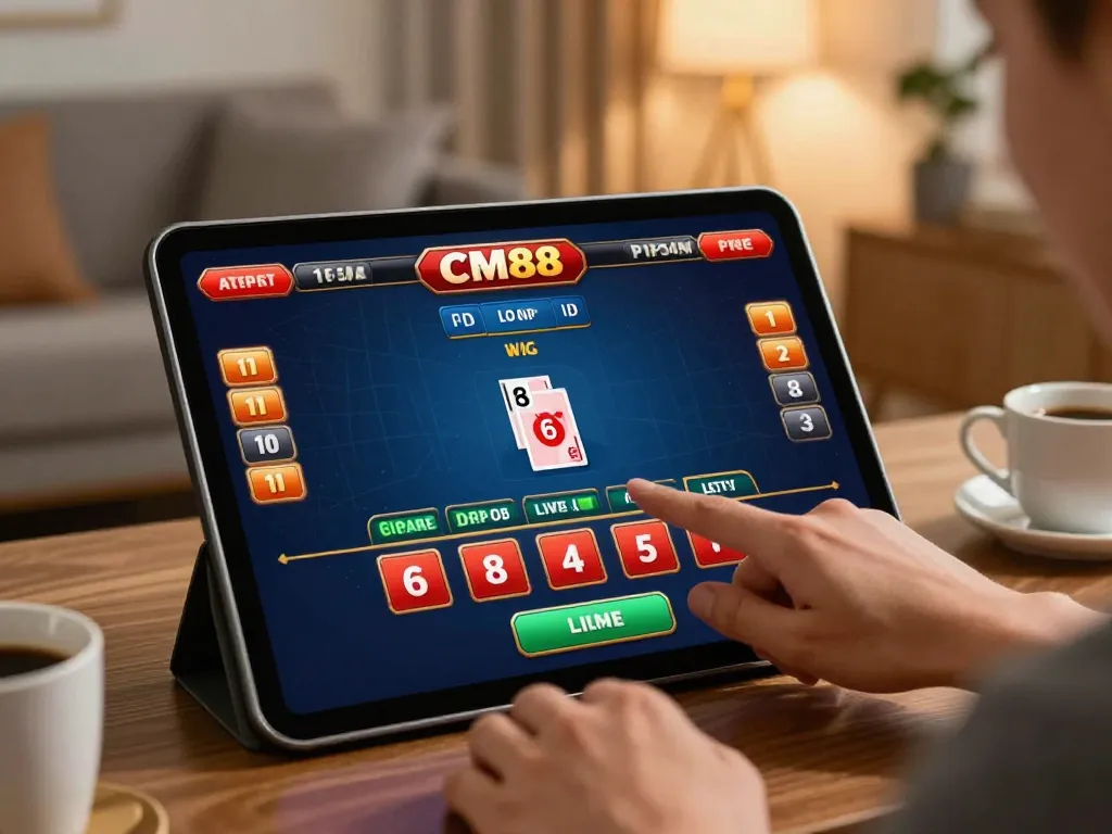 CM88 live dealer game being played on a tablet in a modern living room setting.
