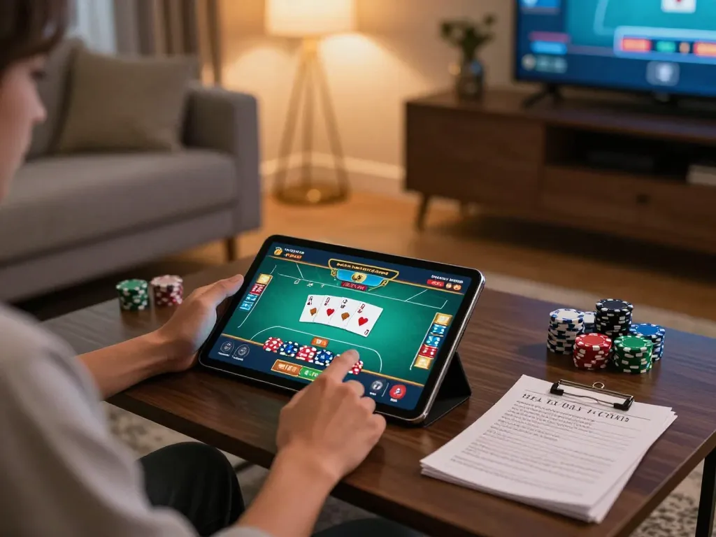 Player engaged in exciting MMOO online poker game on a tablet, showcasing strategy and comfort