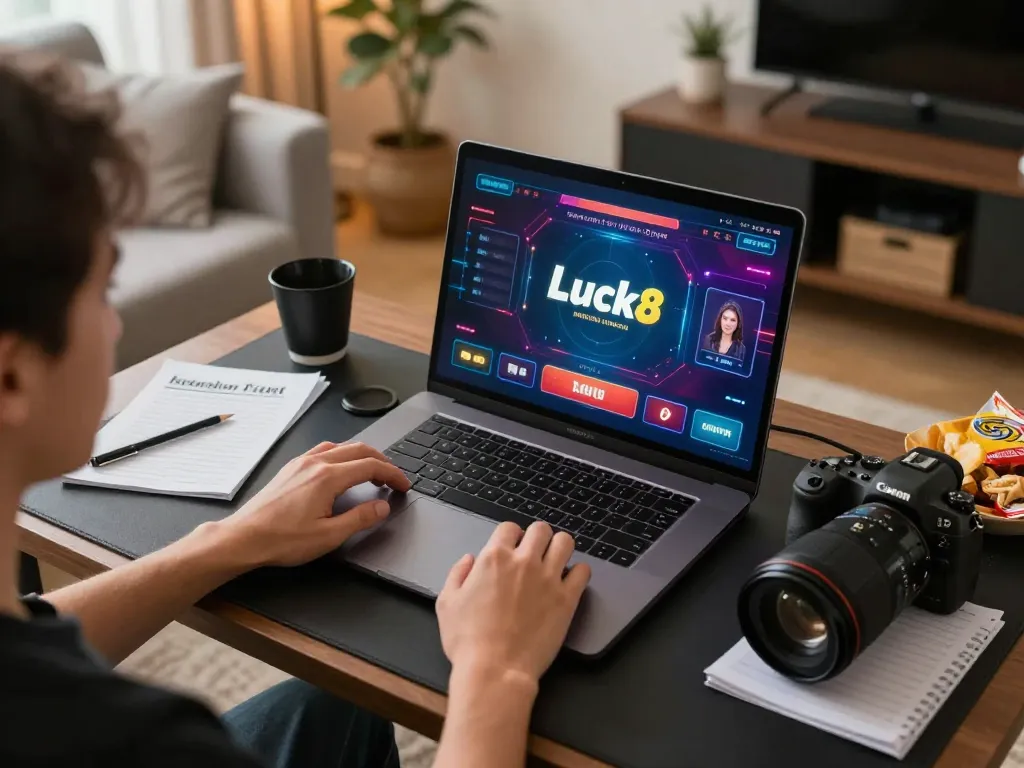Luck8 player engaging in online casino gaming with a laptop, showcasing a well-organized and cozy setup.