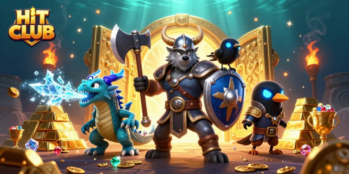 Bet big with HIT CLUB in this vibrant, dynamic scene featuring a Viking wolf, dragon, and treasures.
