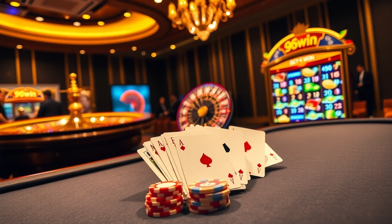 Experience the excitement of winning at 98win's luxurious casino with vibrant gaming tables, chips, and cards.