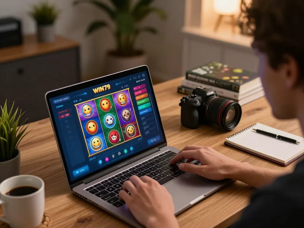 Player enjoying the WIN79 online casino experience from home with a laptop in a cozy setting.