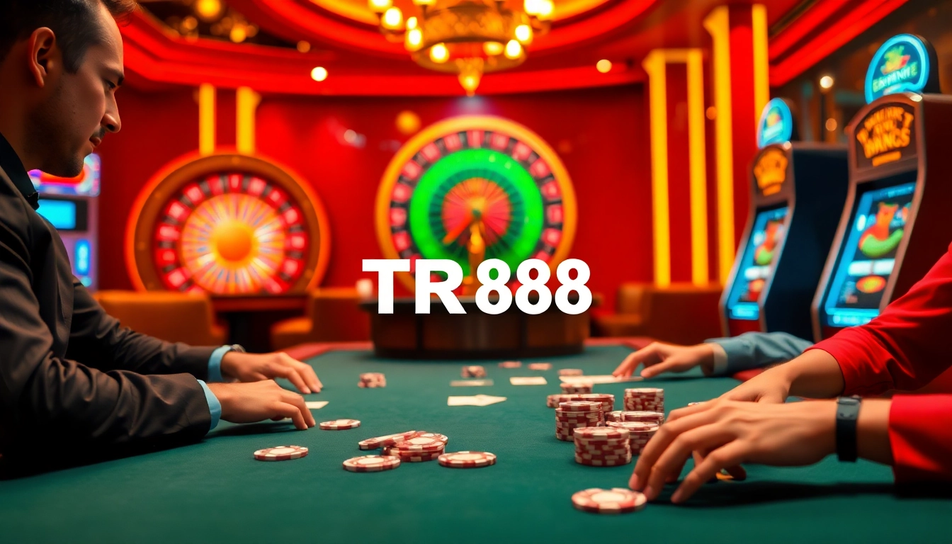 Players at a TR88 poker table, enjoying thrilling gameplay with chips and cards.