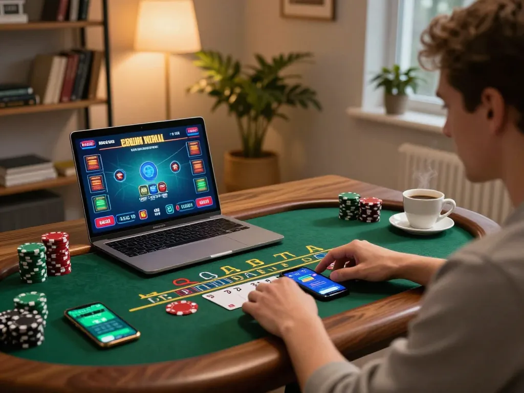 Engaging in online blackjack on a laptop, showcasing the MB66 gaming experience in a cozy home.