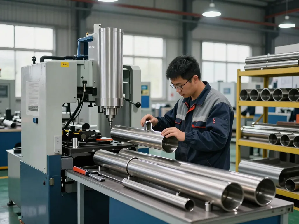 Professional inspecting sumwin stainless steel pipes in industrial factory setting.