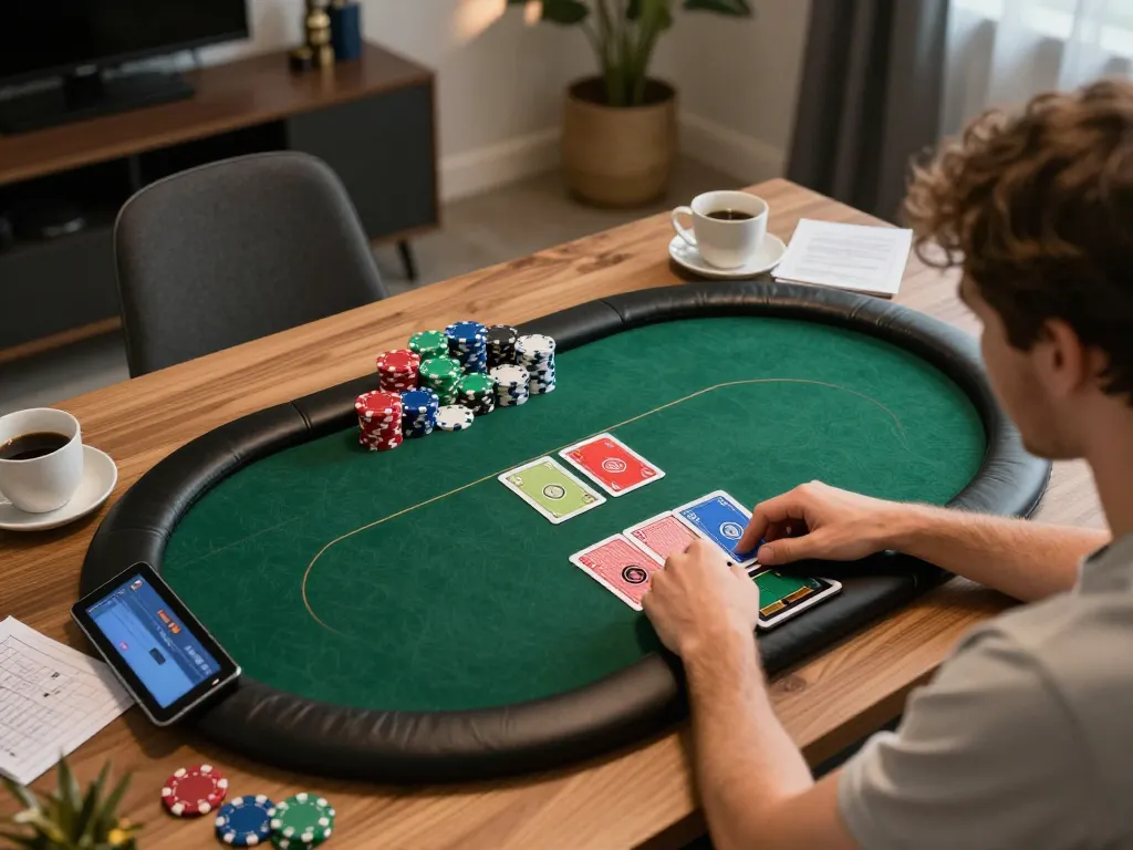 Player enjoying cm88 poker at home with tablet and strategy notes, combining fun and focus.