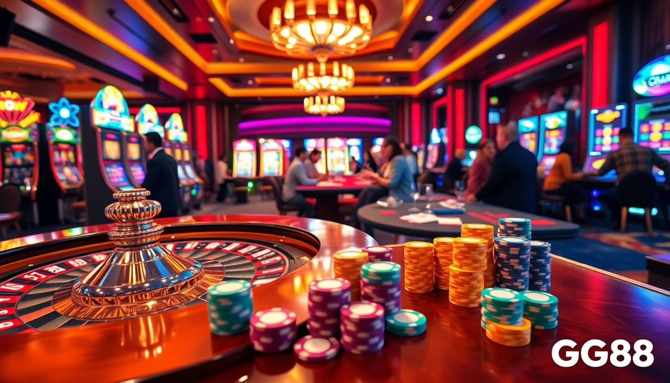 players enjoying thrilling games at GG88 casino with colorful chips and roulette wheel