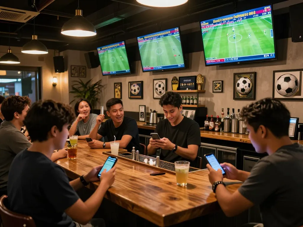 Soi kèo Brazil at a lively sports bar with patrons discussing wagers, displaying a dynamic betting atmosphere.