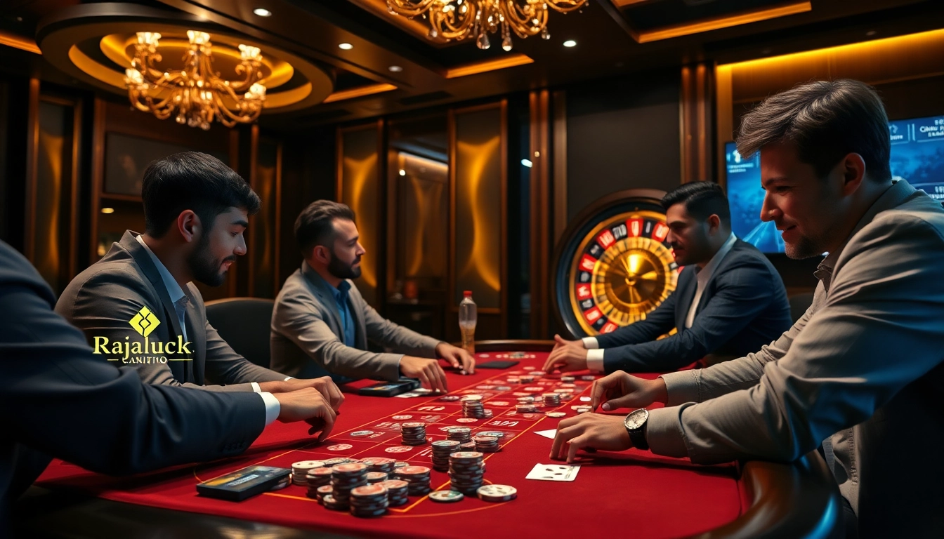 Engaging players strategizing at the Rajaluck casino table with cards and chips under glamorous lighting.