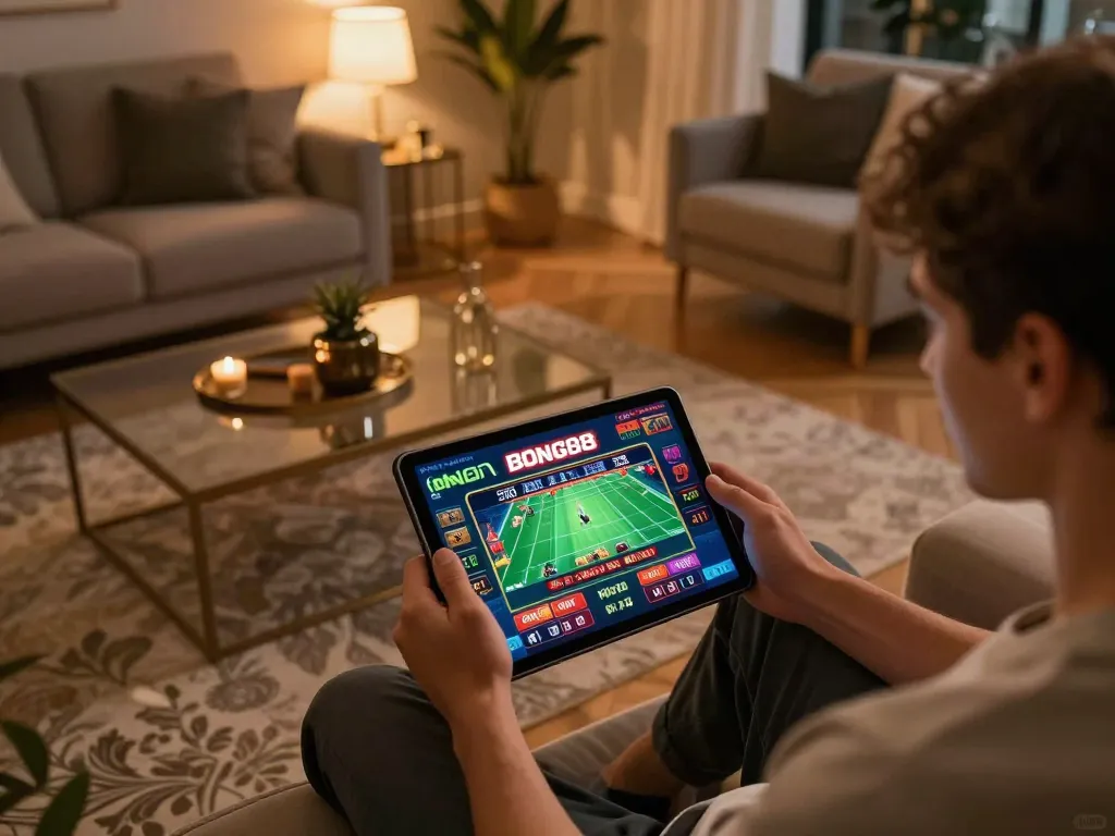 Bong88 player engaging with sports betting on a tablet in a stylish home setting.
