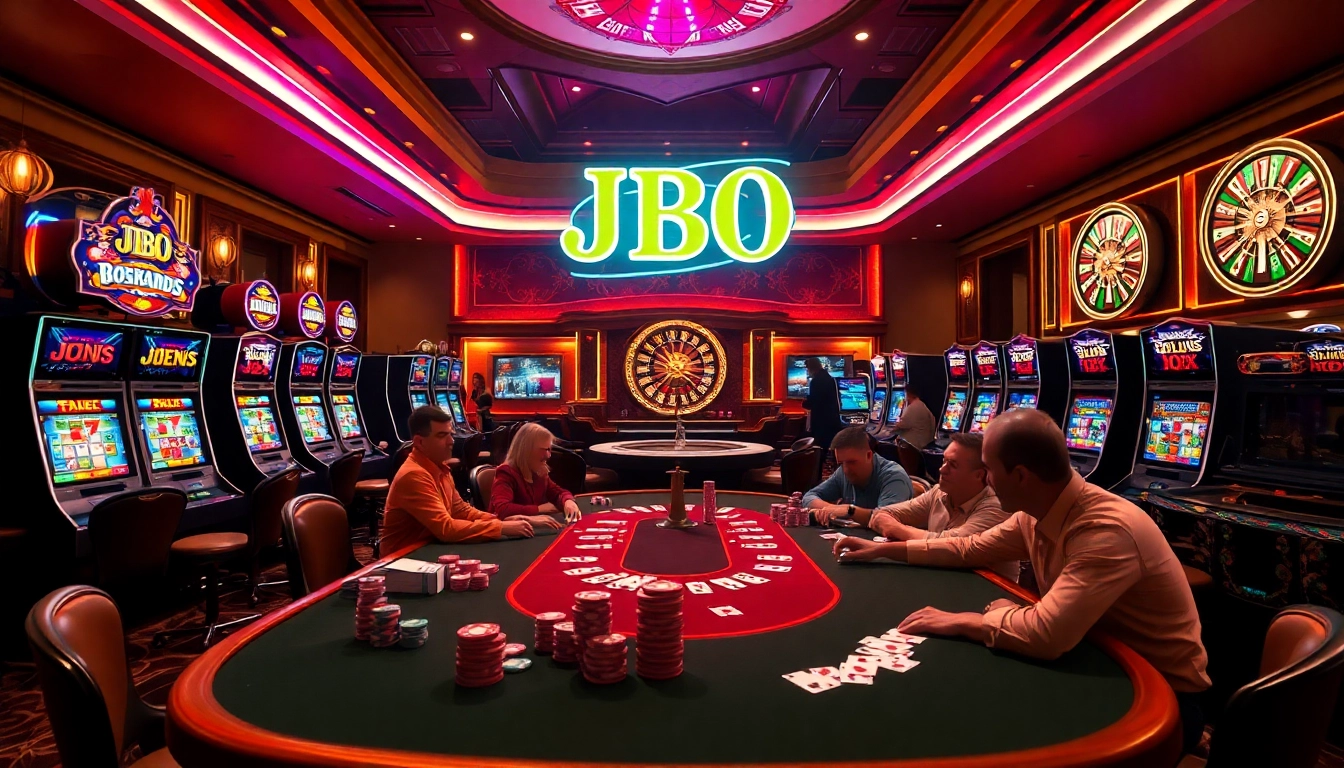 Engage in thrilling gambling at JBO with vibrant casino tables, neon lights, and high-stakes action.