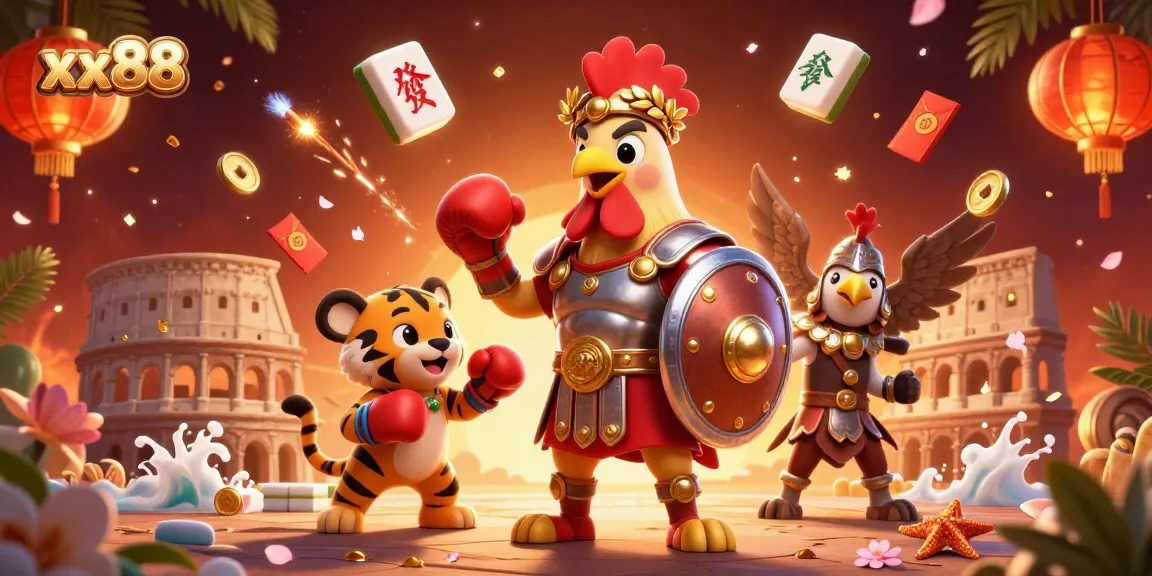 Experience the vibrant world of gaming at xx88, featuring a dynamic battle scene with engaging characters and casino elements.
