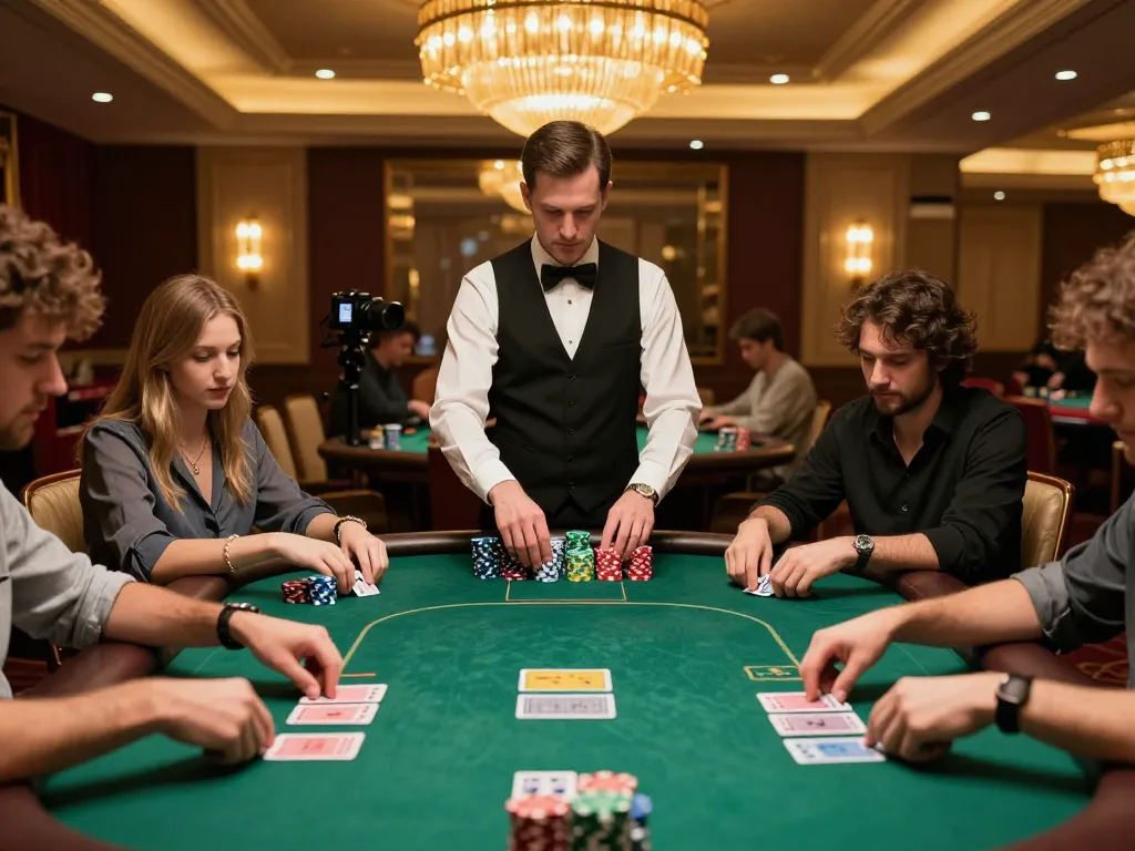 Players immerse in a poker game at llwin casino, strategizing with chips stacked high.