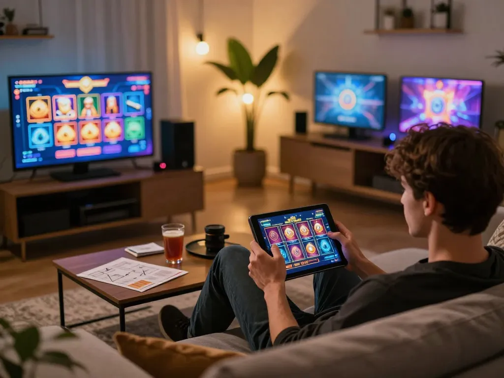Engaging in online gaming on a tablet for go8 slot games at home, with drinks and strategy notes visible.