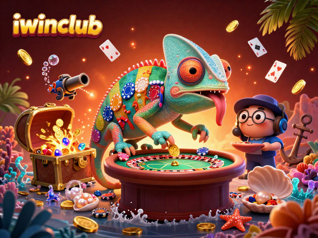 Join the vibrant iwinclub casino scene with a colorful chameleon and dynamic game elements.