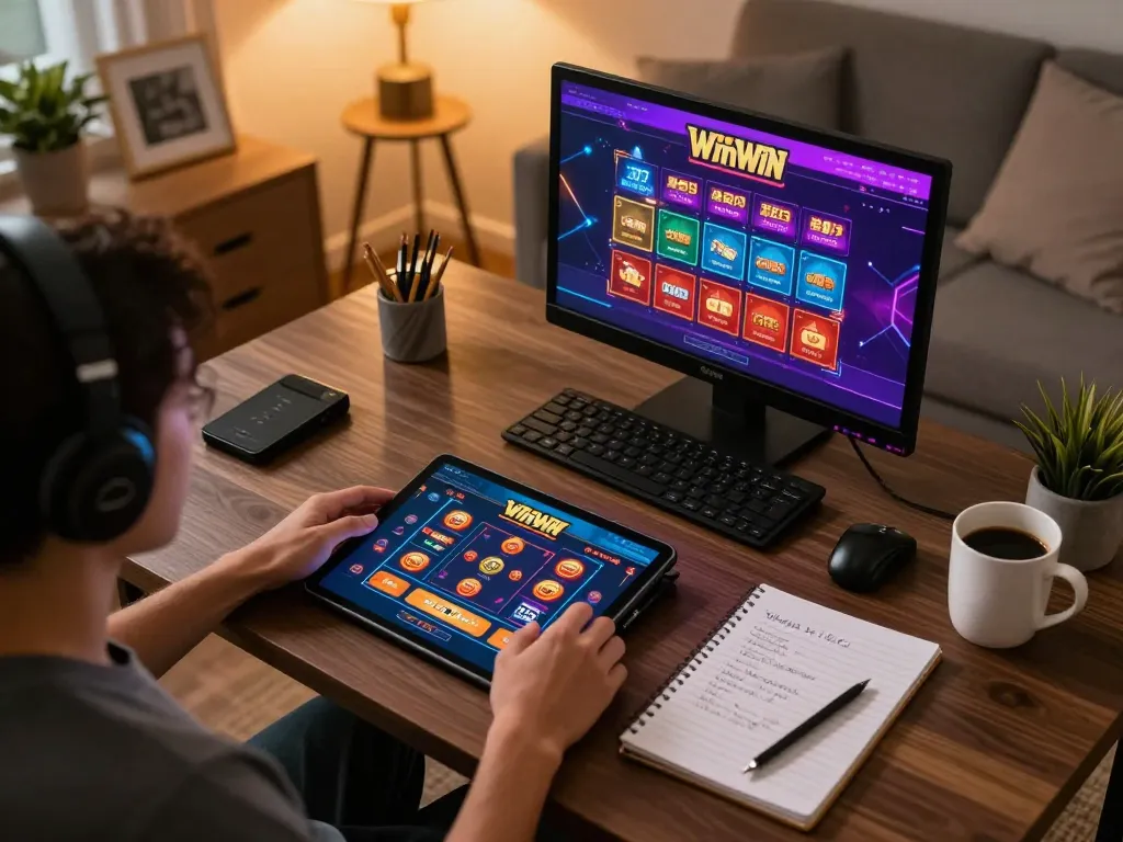 Engage in strategic online gaming at WinWin with a relaxing home setup and vibrant interface.