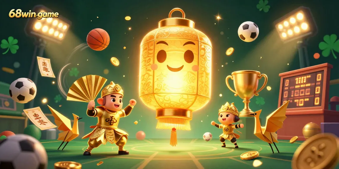 Engage with 68win-game at the vibrant casino scene featuring a golden lantern spirit and dynamic sports elements.